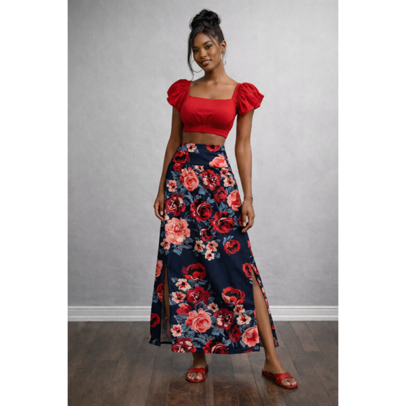 Agnes & dora Dresses & Skirts - XXS Floral rose maxi skirt with slit Valentine skirt bedspread floral print maxi